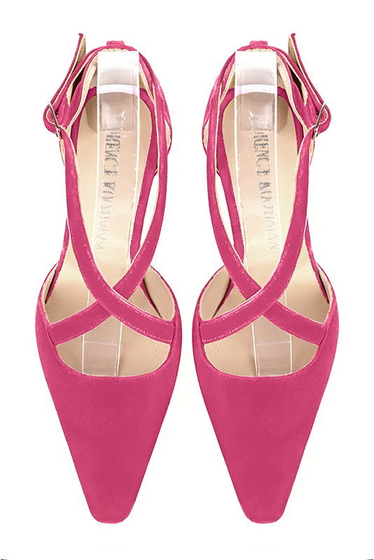 Fuschia pink women's open side shoes, with crossed straps. Tapered toe. Low kitten heels. Top view - Florence KOOIJMAN